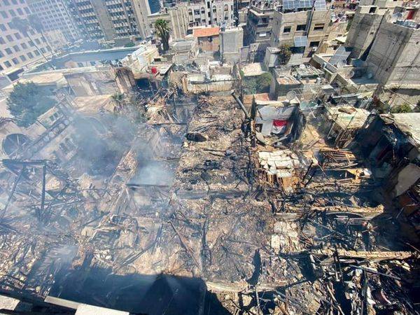 Figure 7: The National Archives of Syria in Damascus the day after their conflagration on 16. July 2023. Source: “«أصبح رمادًا وركاما»... حريق كبير يدمر سوقًا في قلب دمشق” (2023)