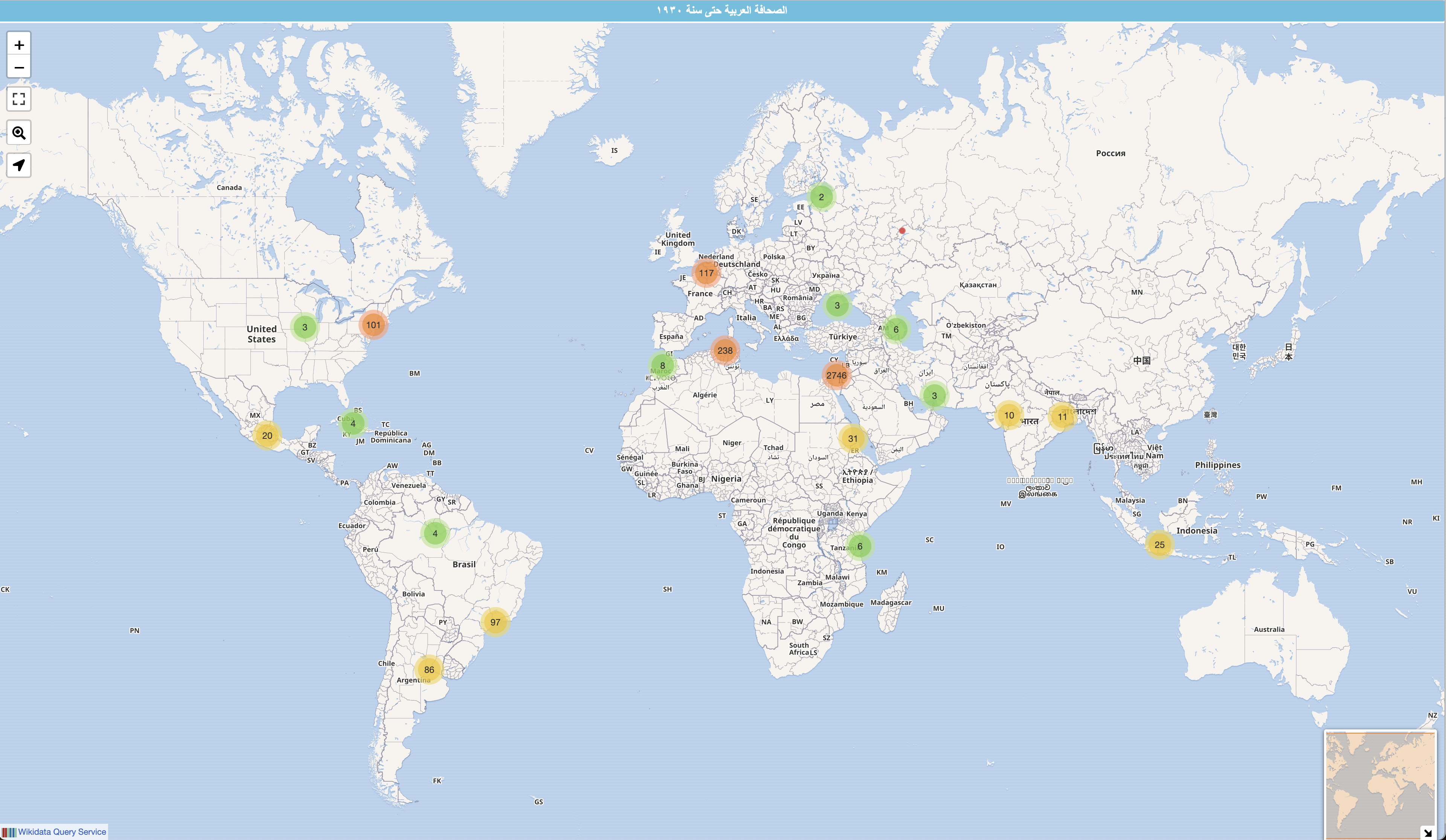 Figure 27: Map of all Arabic periodicals published before 1930 (SPARQL)