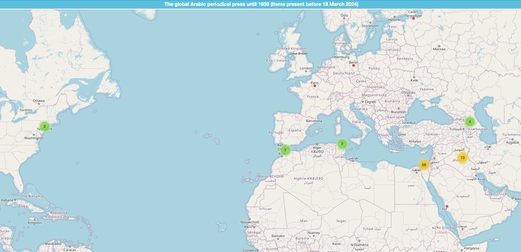Figure 26: Map of all Arabic periodicals published before 1930 (items created before 18 March 2024, SPARQL)