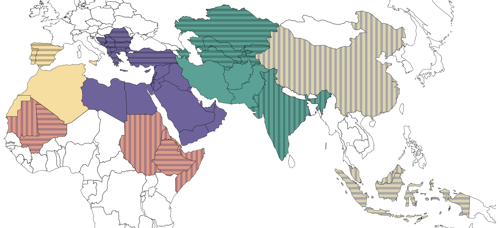 Approximate distribution of Arabic script use along current national boundaries (Nemeth Arabic Type-Making in the Machine Age 2017, fig 1.1)