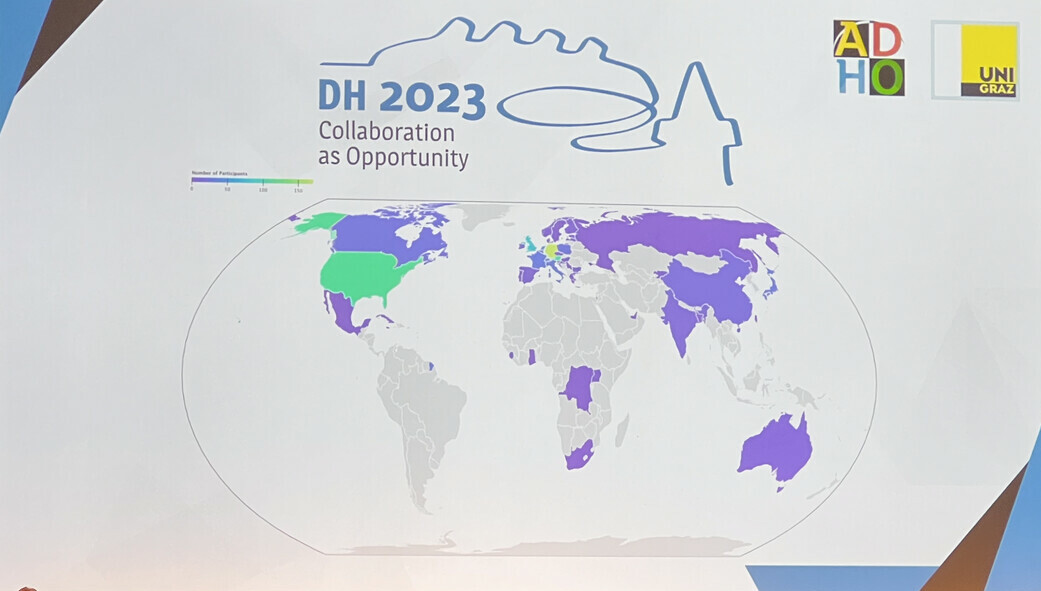 Global distribution of attendees at DH2023 in Graz. Source: Digital Humanities Uni Potsdam and @dh_potsdam@hcommons.social (“The Geography of #DH2023 Participants ...” 2023)