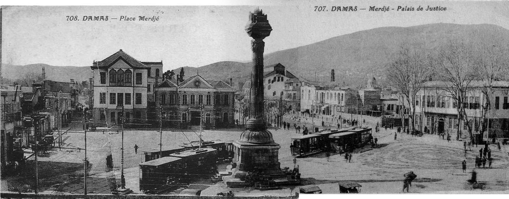 Figure 1: Straßenbahnen auf dem Marja-Platz in Damaskus, 1920er (DAMAS – Merdjé - Palais de Justice DAMAS – Merdjé - Palais 1928; DAMAS – Place Merdjé 1928)